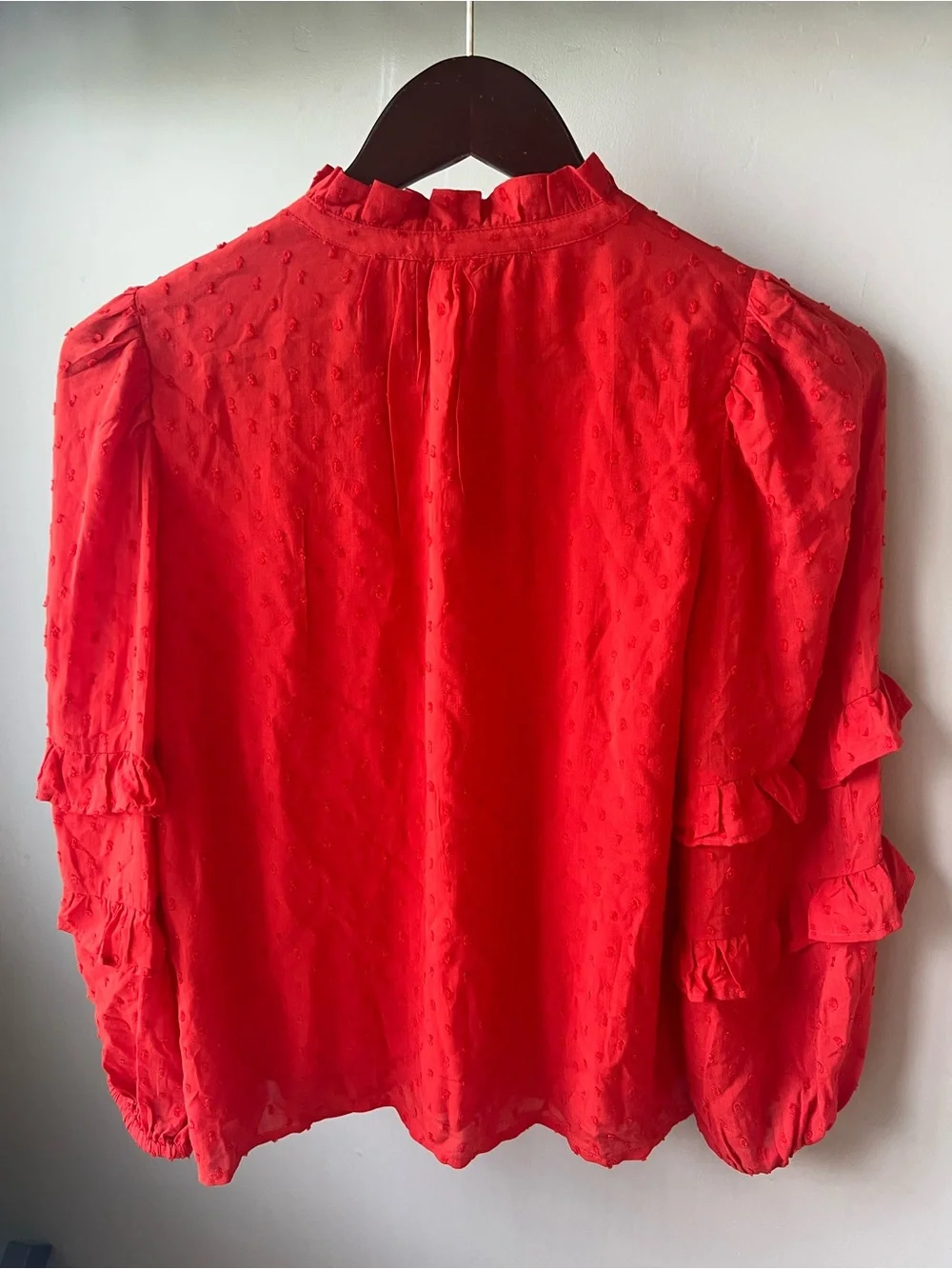 NWT ANN TAYLOR LOFT Blouse Top Shirt Dot Ruffle Sleeves Lined Red Petite XXS